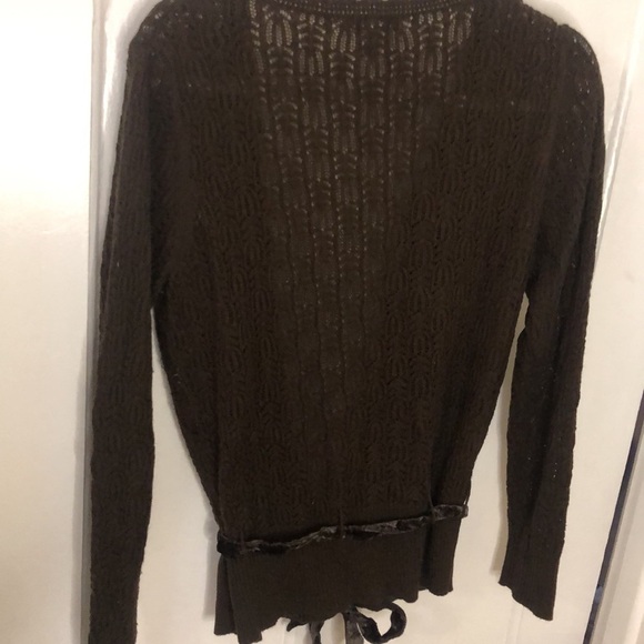 Dressbarn Pointelle Knit Button Front Long Sleeve Cardigan Velvet Tie Medium - Picture 7 of 10
